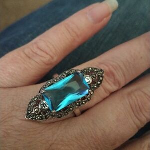 Art Deco Blue Topaz CZ Marcasite Elongated Cocktail Ring 925 Sterling Silver 9